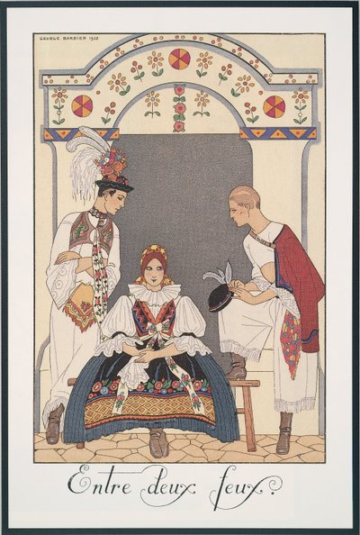 Falbalas ja Fanfreluches, Almanakka vuodelle 1923, Between Two Fires, George Barbier, print tekijältä Georges Barbier