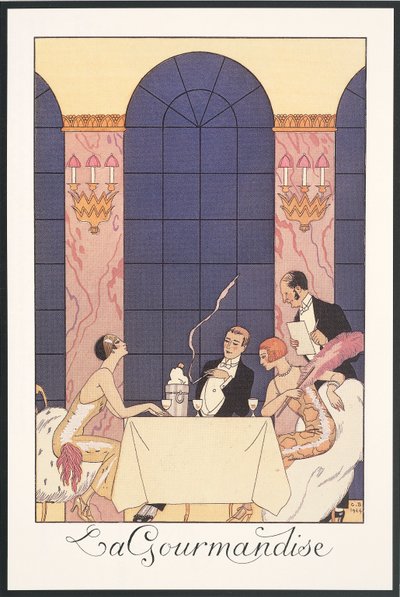 Falbalas ja Fanfreluches, Almanakka vuodelle 1925: "La gourmandise", George Barbier, print tekijältä Georges Barbier