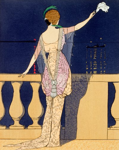"Farewell at Night", suunnittelu Jeanne Paquinin iltapuvulle, 1900-luvun alku tekijältä Georges Barbier