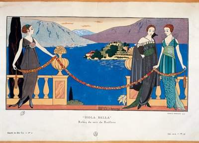Georges Barbierin muotilautanen, joka kuvaa naisia Redfern-iltapuvussa ja borromelaista Isola Bellaa taustalla Pariisilainen haute couture -lehti Gazette du Bon Ton tekijältä Georges Barbier