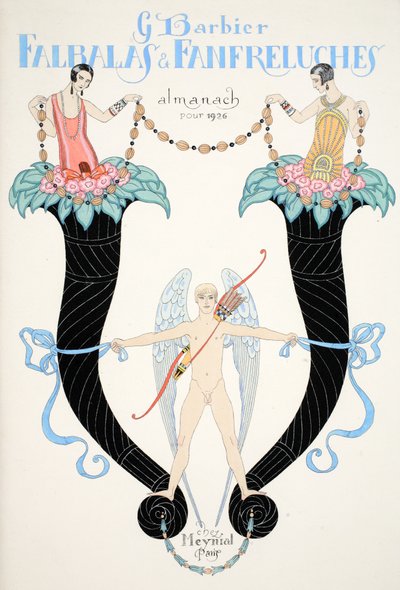 Etukansi "Falbalas and Fanfreluches, Almanac of Present, Past and Future Modes" tekijältä Georges Barbier