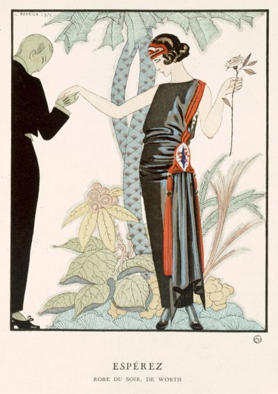 "Gazette du Bon Ton"; Esperez, Worthin iltapuku, n.1920 (värilitro). tekijältä Georges Barbier
