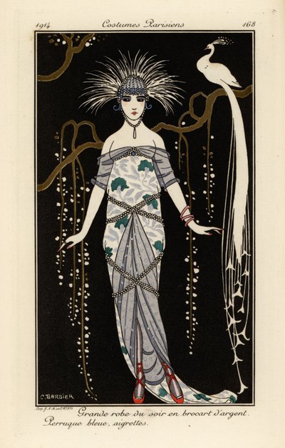 Suuri iltapuku hopeabrokaadia, sininen peruukki ja höyhenet. tekijältä Georges Barbier