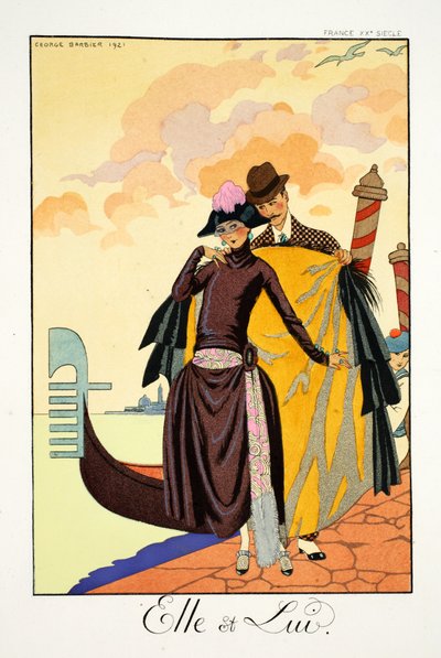 Hän ja hän julkaisusta "Falbalas et Fanfreluches, Almanac of Present, Past and Future Modes" tekijältä Georges Barbier