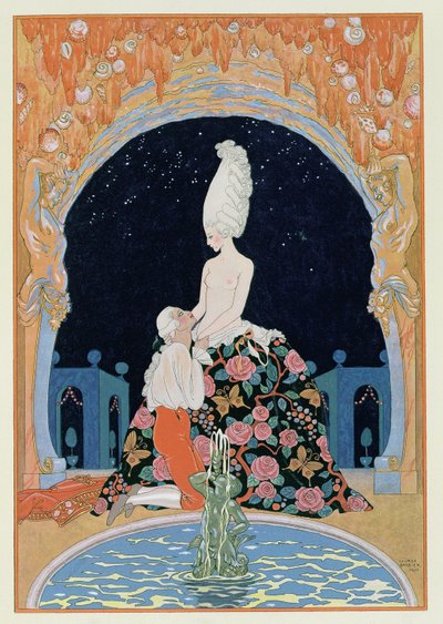 Luolassa, kuvitus Paul Verlainen (1844-96) "Fetes Galantes" 1928 (pokuoropainos) tekijältä Georges Barbier