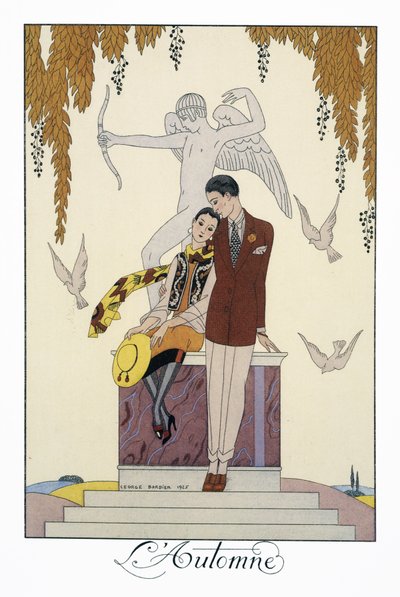 Autumn, George Barbierin (1882-1932) litografia, teoksista Falbalas et Fanfreluches, Almanach des Modes Presentes, Passees et Futures tekijältä Georges Barbier