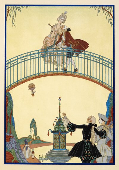 La Promenade. Mies ja nainen sillalla. Pierrot, alla. tekijältä Georges Barbier