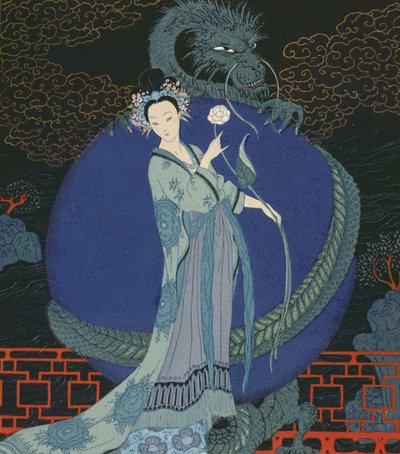 Lady with a Dragon (väri litho) tekijältä Georges Barbier