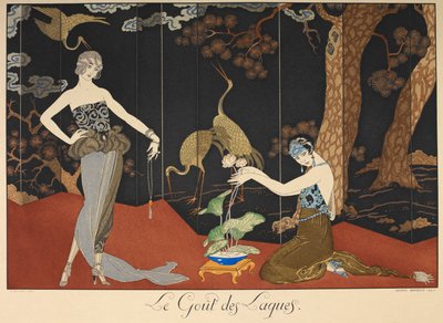 Le gout des lakques. Lakan maku. Kaksi naista lakatun näytön edessä. tekijältä Georges Barbier