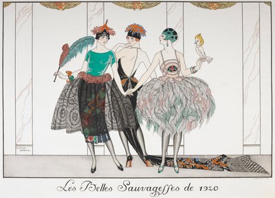 Les Belles Sauvegettes de 1920. Kolme naista jonossa eksoottisissa mekoissa. tekijältä Georges Barbier