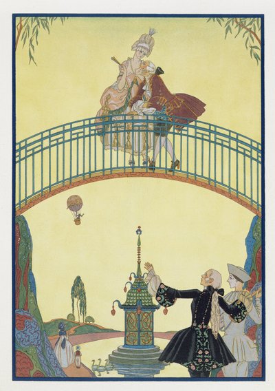 Rakkaus sillalla, kuvitus Paul Verlainen (1844-96) Fetes Galantesille 1928 (pokuorokuva) tekijältä Georges Barbier