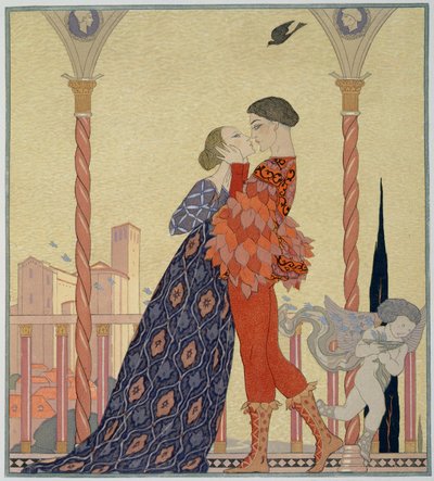 Rakastajat parvekkeella (akvarelli paperille) tekijältä Georges Barbier