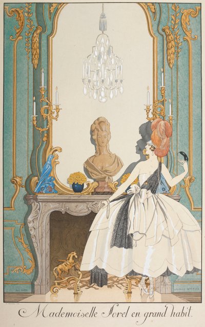 Mademoiselle Sorel suuressa tottumuksessa. Nainen seisoo takan edessä. tekijältä Georges Barbier