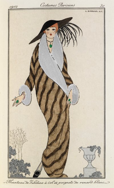 Manteau de Liberline à col et poignets de renard blanc. Puvut Parisiens no.30. Naisella on yllään raidallinen liberline-takki, jonka kaulus ja hihansuut on valkokettua. Hänellä on myös yllään suuri musta höyhenhattu ja vihreä kivikaulakoru. tekijältä Georges Barbier