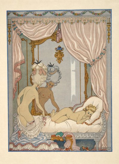 Markiisi de Merteuilin vierailu Cécile de Volangesin makuuhuoneeseen, kuvitus Pierre Choderlos de Laclosin (1741-1803) pubista "Les Liaisons Dangereuses". 1934 (stensiiliprintti) tekijältä Georges Barbier
