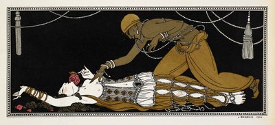 Nijinsky kultaisena orjana Nikolai Rimski-Korsakovin vuonna 1888 säveltämässä Sheherazadessa. Sheherazade on täällä kuolinvuoteellaan kultaisen orjan nojaten hänen ylleen. tekijältä Georges Barbier