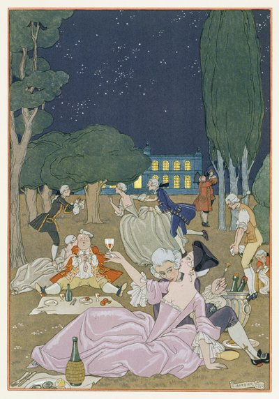 Nurmikolla, kuvitus Paul Verlainen (1844-96) Fetes Galantesille 1923 (pokuoropainos) tekijältä Georges Barbier