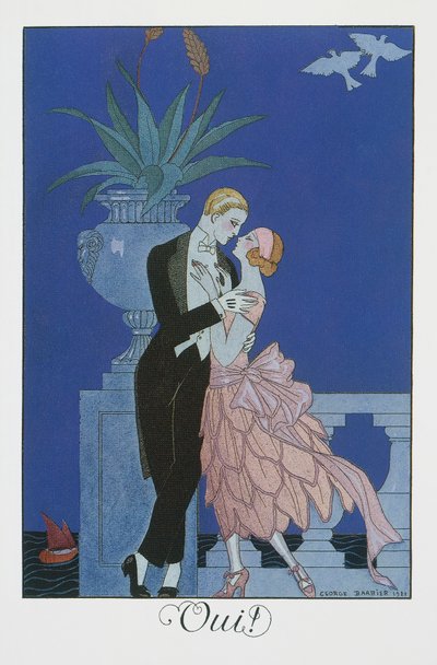 Kyllä, kaksi nuorta sulhasta iltapuvussa, George Barbierin (1882-1932) litografia, Falbalas et Fanfreluches, Almanach des Modes Presentes, Passees et Futures tekijältä Georges Barbier