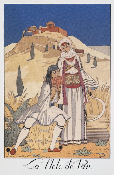 Panhuilusoitin, joka kuvaa perinteisiä kreikkalaisia pukuja tekijältä Georges Barbier