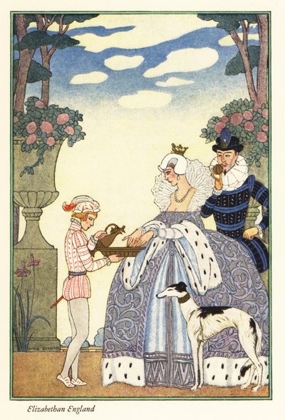 Kuningatar Elisabet pesee kätensä sivupoikansa pitämässä kulhossa. 1928 (painettu) tekijältä Georges Barbier