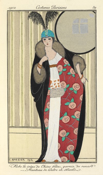 "Valkoinen crepe de chine -mekko, jossa on kettu. Saukkon takki ja haisuja," tekijältä Georges Barbier