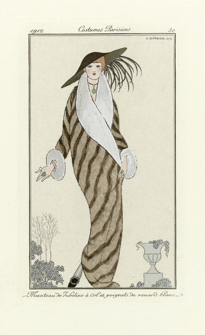 Sable takki White Fox -koristeella, Costumes Parisien, pub.1912 (pochoir print) tekijältä Georges Barbier