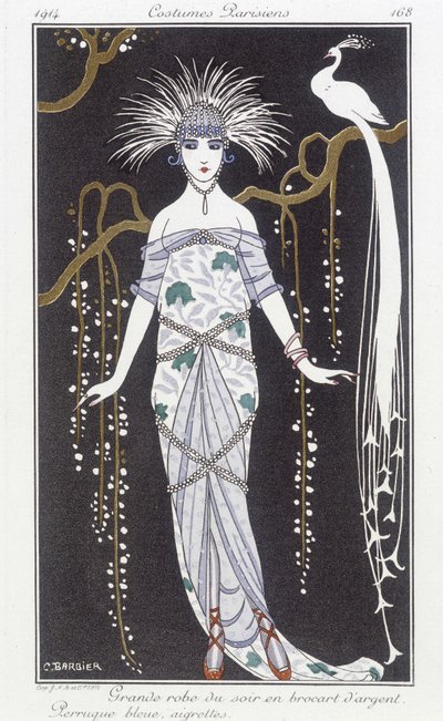 Hopeinen brokadi-iltapuku ja peruukki - kuvitus George Barbierin (1882-1932). julkaisussa "" Journal des dames et des modes: Costumes Parisiens"" tekijältä Georges Barbier