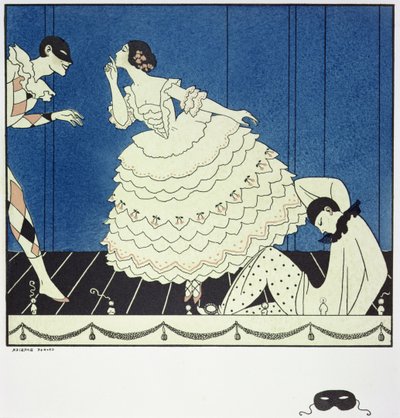 Tamara Karsavina (1885-1978) Columbinena, Vaslav Nijinsky (1890-1950) Harlequinina ja Adolph Bolm (1884-1951) Pierrotina Fokinen Carnavalissa vuonna 1910, pub. 1914 (pochoor print) tekijältä Georges Barbier