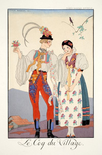 The Cock of the Walk, teoksesta "Falbalas et Fanfreluches, Almanac of Present, Past and Future Modes" tekijältä Georges Barbier