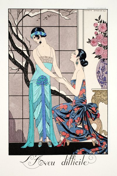 Vaikea sisäänpääsy, teoksesta "Falbalas ja Fanfreluches, nykyajan, menneisyyden ja tulevaisuuden almanakka" tekijältä Georges Barbier