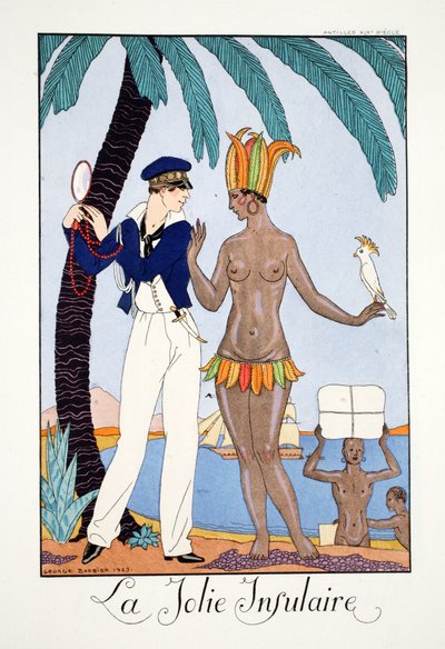 The Pretty Islander, teoksesta "Falbalas et Fanfreluches, Almanac of Present, Past and Future Modes" tekijältä Georges Barbier
