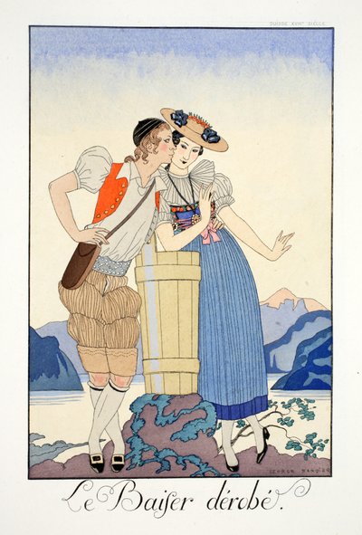 Varastettu suudelma, kirjasta "Falbalas et Fanfreluches, Almanac of Present, Past and Future Modes" tekijältä Georges Barbier