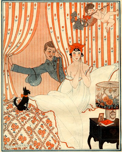Suunnittelematon paluu… Tai herätyskello - kuvitus la Vie Parisiennesta tekijältä Georges Barbier