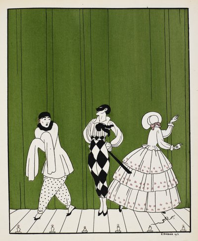 Kolme hahmoa vuoden 1910 baletista Carnaval, jonka on säveltänyt Robert Schumann. Vasemmalla on miimitaiteilija. Keskellä on mies, joka on pukeutunut valkoiseen paitaan, jossa on musta solmio ja ruudulliset housut ja jolla on naamio. Oikealla on nainen, ka tekijältä Georges Barbier
