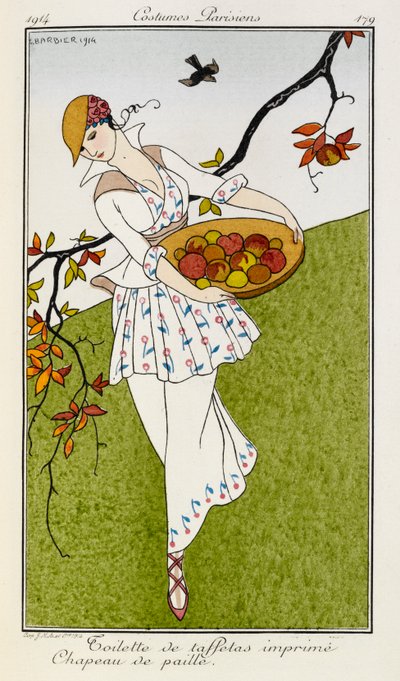 Toilette de taffetas imprime chapeau de paille. Puvut Parisiens no.179. Nainen, jolla on silkkipainettu asu ja olkihattu. Hän kantaa hedelmäkulhoa. tekijältä Georges Barbier