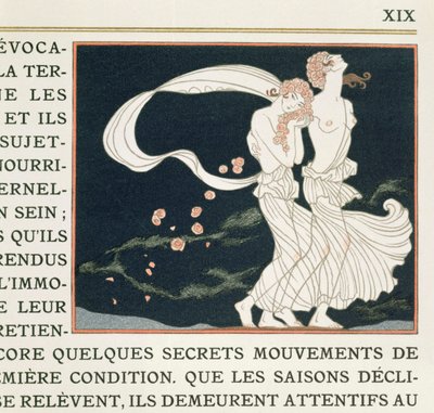 Kaksi kreikkalaiseen tyyliin pukeutunutta tyttöä, kuvitus Paul Valeryn (1871-1945) Les Mythesistä, julkaistu 1923 (pochoor print) tekijältä Georges Barbier