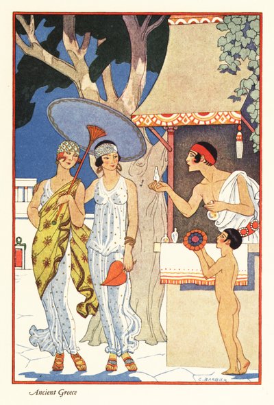 Kaksi naista ostavat hajuvesimyyjän osastolla antiikin Kreikassa 1928 (tulostus) tekijältä Georges Barbier