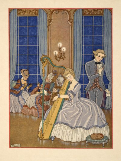 Valmont viettelemässä uhriaan, kuvitus Pierre Chodlerlos de Laclosin (1741-1803) pubista "Les Liaisons Dangereuses". 1934 (stensiiliprintti) tekijältä Georges Barbier