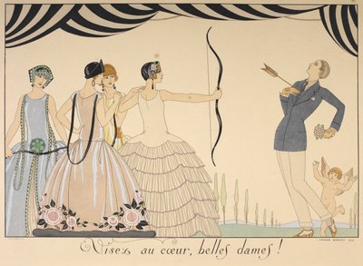 Visez au coeur, belles dames. Tavoittele sydämelliset naiset. Nainen ampuu nuolella miestä sydämeen. tekijältä Georges Barbier