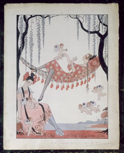 Mistä nuoret naiset haaveilevat? 1918 (kynä, muste ja akvarelli paperille) tekijältä Georges Barbier