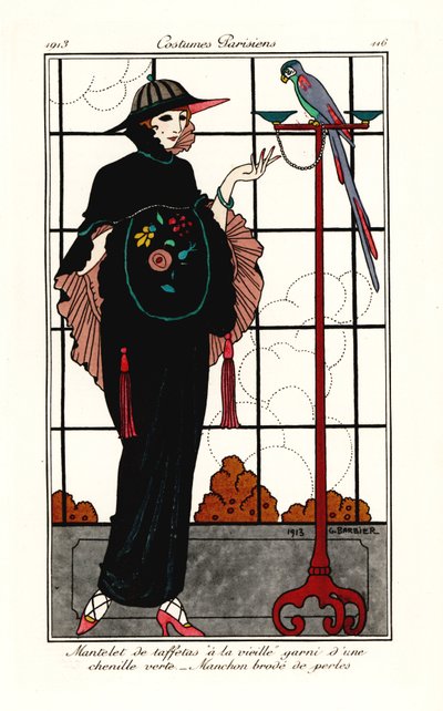 Nainen vanhassa taftiviitassa papukaijan kanssa tekijältä Georges Barbier