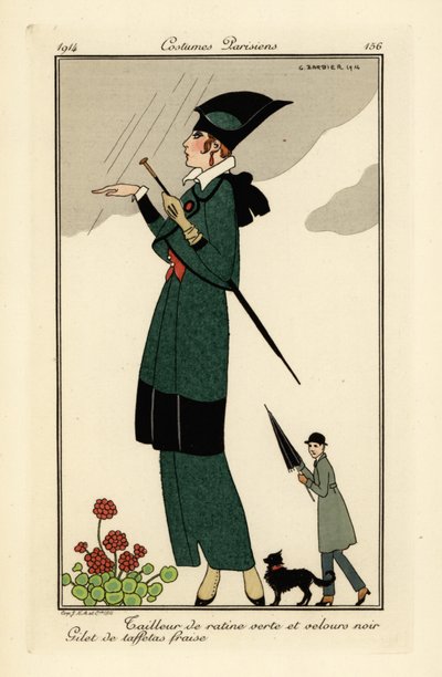 Nainen vihreässä ratiinissa ja mustassa samettipuvussa. tekijältä Georges Barbier