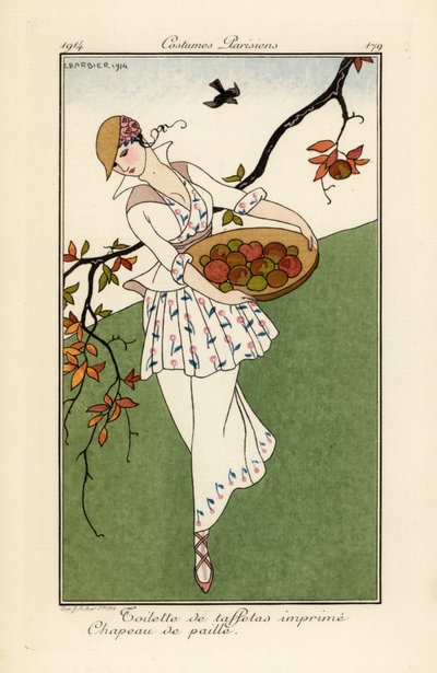 Nainen olkihattu ja mekko painettu tafti. tekijältä Georges Barbier