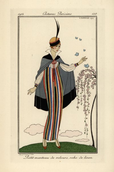 Nainen raidallisessa pellavamekossa, jossa lyhyt samettitakki. tekijältä Georges Barbier