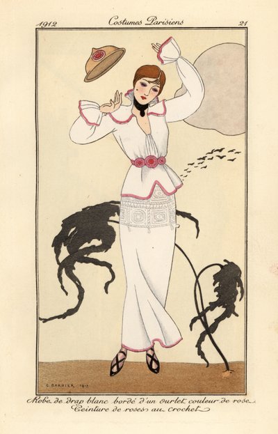 Nainen valkoisessa villamekossa, jossa vaaleanpunainen reunus, vyö virkattuista ruusuista, hukassa hattunsa tuulessa. Robe de drap blanc borde d’un ourlet couleur de rose, ceinture des roses en crochet. Käsinvärinen pochoir (stensiili) etsaus George Barbin tekijältä Georges Barbier