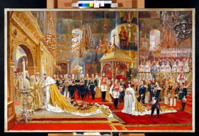 Venäjän tsaari Aleksanteri III:n (1845-1894) ja keisarinna Maria Feodorovnan (Tanskan Dagmar) (1847-1928) kruunaus - Georges Beckerin (1845-1909) taideteos tekijältä Georges Becker