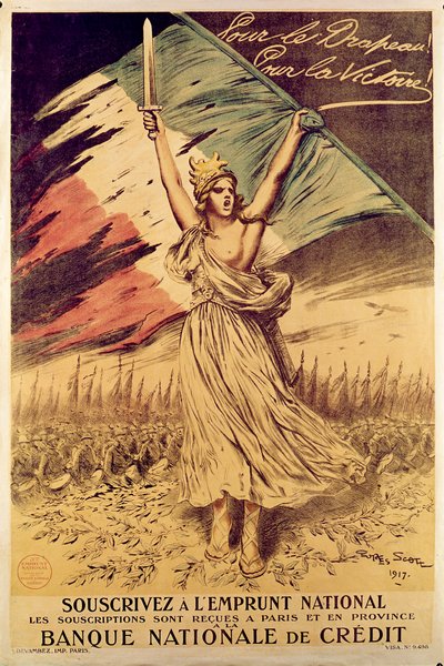 Ranskan ensimmäisen maailmansodan juliste, joka kannustaa ostamaan sotaobligaatioita, 1917 tekijältä Georges Bertin Scott