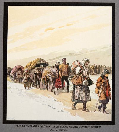 Nälkäisten ihmisten pako kotimaastaan, teoksesta Histoire des Soviets, pub. 1922 (väriliitos) tekijältä Georges Carrey