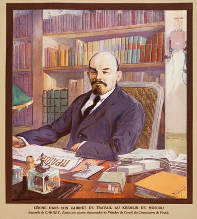 Lenin toimistossaan Kremlissä Moskovassa, teoksesta Histoire des Soviets, pub. 1922 (värilitro) tekijältä Georges Carrey