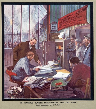 Työntekijöiden valvonta neuvostotehtaassa vallankumouksen aikaan vuonna 1917, Histoire des Soviets, pub. 1922 (värilitro) tekijältä Georges Carrey